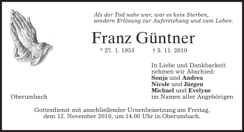 Todesanzeige von Franz Güntner von MERKUR & TZ
