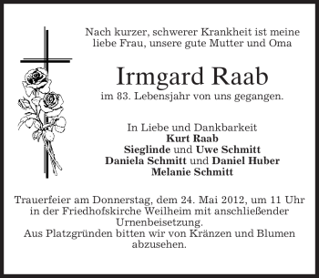 Todesanzeige von Irmgard Raab von MERKUR & TZ