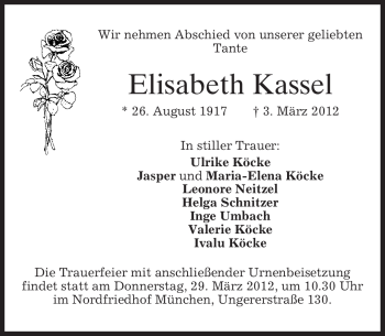 Todesanzeige von Elisabeth Kassel von MERKUR & TZ