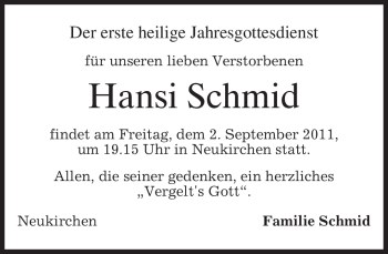 Todesanzeige von Hansi Schmid von MERKUR & TZ