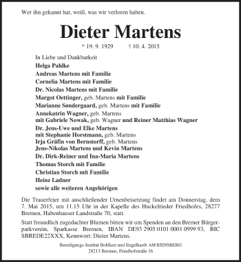 Todesanzeige von Dieter Martens von merkurtz
