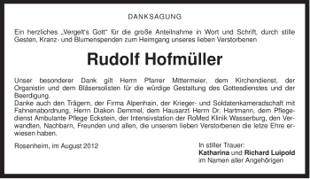 Todesanzeige von Rudolf Hofmüller von MERKUR & TZ