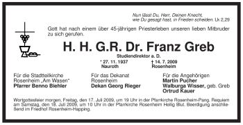Todesanzeige von Franz Greb von MERKUR & TZ