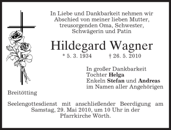 Todesanzeige von Hildegard Wagner von MERKUR & TZ