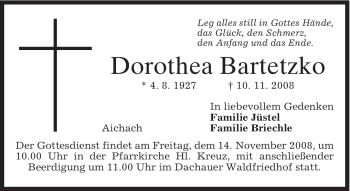 Todesanzeige von Dorothea Bartetzko von MERKUR & TZ