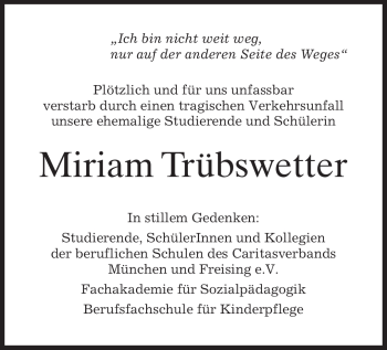 Todesanzeige von Miriam Trübswetter von MERKUR & TZ