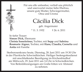 Todesanzeige von Cäcilia Dick von MERKUR & TZ