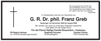 Todesanzeige von Franz Greb von MERKUR & TZ