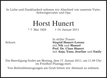 Todesanzeige von Horst Hunert von MERKUR & TZ