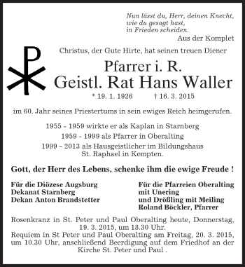 Todesanzeige von Hans Waller von merkurtz