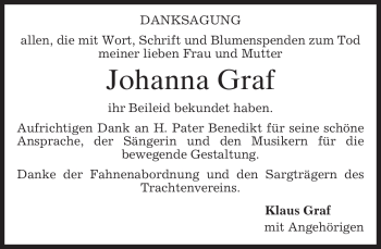 Todesanzeige von Johanna Graf von MERKUR & TZ