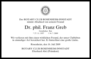 Todesanzeige von Franz Greb von MERKUR & TZ