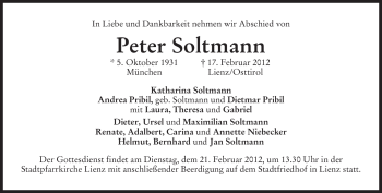 Todesanzeige von Peter Soltmann von MERKUR & TZ
