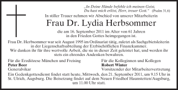 Todesanzeige von Lydia Herbsommer von MERKUR & TZ