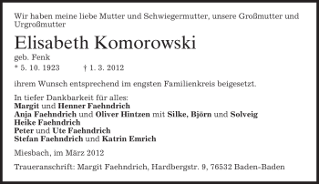Todesanzeige von Elisabeth Komorowski von MERKUR & TZ