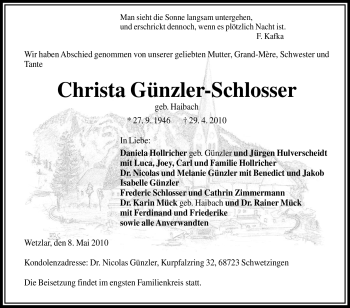 Todesanzeige von Christa Günzler-Schlosser von MERKUR & TZ