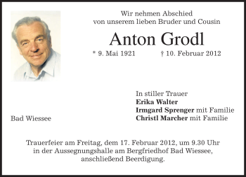 Todesanzeige von Anton Grodl von MERKUR & TZ