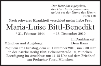 Todesanzeige von Maria-Luise Bittl-Benedikt von MERKUR & TZ