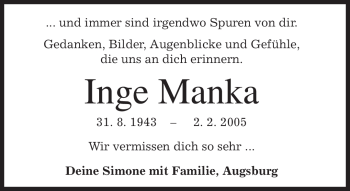 Todesanzeige von Inge Manka von MERKUR & TZ