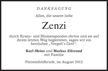 Todesanzeige von Zenzi Unbekannt von MERKUR & TZ