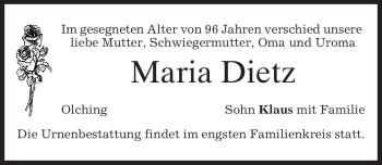 Todesanzeige von Maria Dietz von MERKUR & TZ