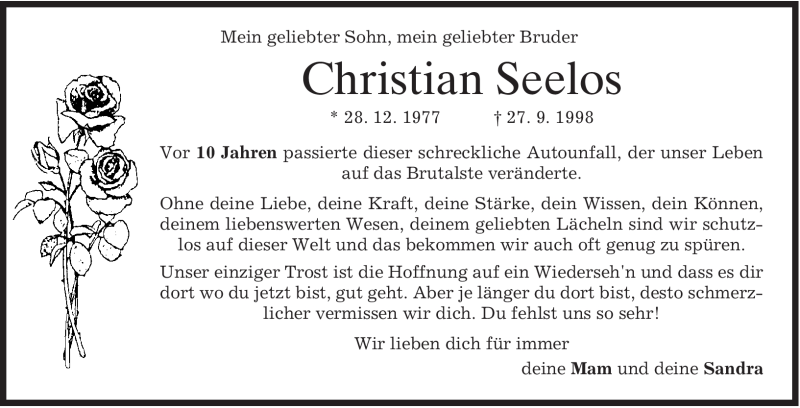  Traueranzeige für Christian Seelos vom 27.09.2008 aus MERKUR & TZ