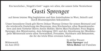 Todesanzeige von Gusti Sprenger von MERKUR & TZ