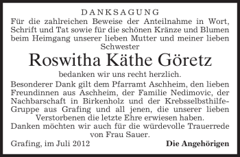 Todesanzeige von Roswitha Käthe Göretz von MERKUR & TZ