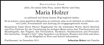 Todesanzeige von Maria Holzer von MERKUR & TZ
