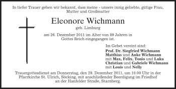 Todesanzeige von Eleonore Wichmann von MERKUR & TZ