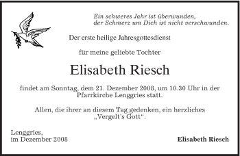 Todesanzeige von Elisabeth Riesch von MERKUR & TZ