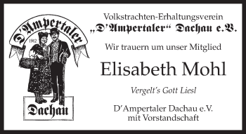 Todesanzeige von Elisabeth Mohl von merkurtz