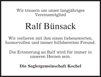 Todesanzeige von Ralf Bünsack von MERKUR & TZ