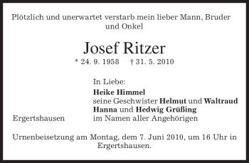 Todesanzeige von Josef Ritzer von MERKUR & TZ