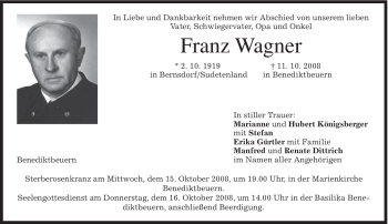 Todesanzeige von Franz Wagner von MERKUR & TZ