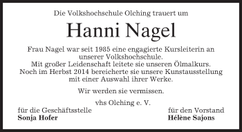 Todesanzeige von Hanni Nagel von merkurtz