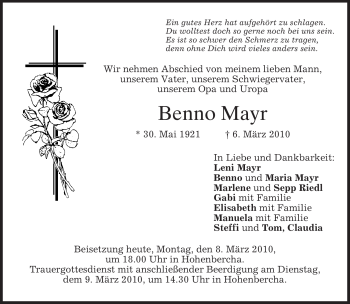 Todesanzeige von Benno Mayr von MERKUR & TZ