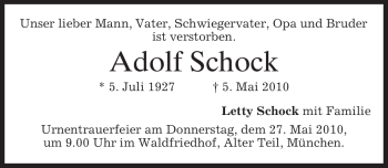 Todesanzeige von Adolf Schock von MERKUR & TZ