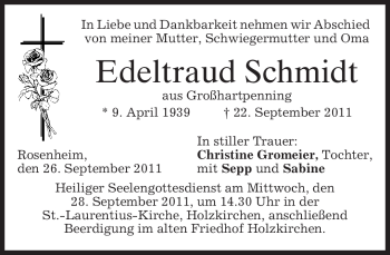 Todesanzeige von Edeltraud Schmidt von MERKUR & TZ