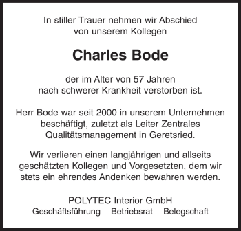 Todesanzeige von Charles Bode von MERKUR & TZ