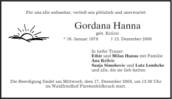 Todesanzeige von Gordana Hanna von MERKUR & TZ