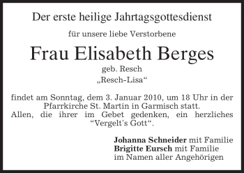 Todesanzeige von Elisabeth Berges von MERKUR & TZ