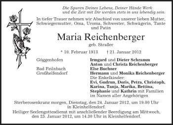 Todesanzeige von Maria Reichenberger von MERKUR & TZ