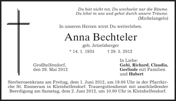 Todesanzeige von Anna Bechteler von MERKUR & TZ