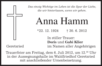 Todesanzeige von Anna Hamm von MERKUR & TZ