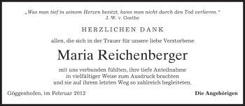 Todesanzeige von Maria Reichenberger von MERKUR & TZ