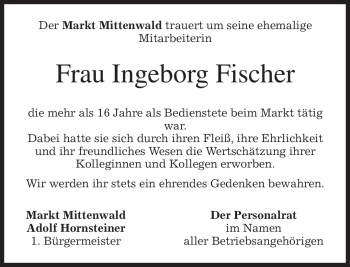 Todesanzeige von Ingeborg Fischer von MERKUR & TZ