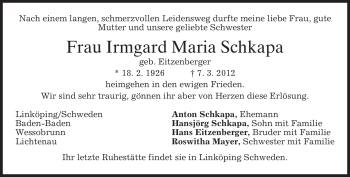 Todesanzeige von Irmgard Maria Schkapa von MERKUR & TZ