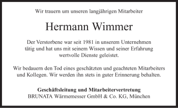 Todesanzeige von Hermann Wimmer von MERKUR & TZ
