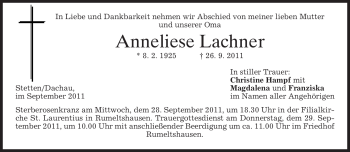 Todesanzeige von Anneliese Lachner von MERKUR & TZ